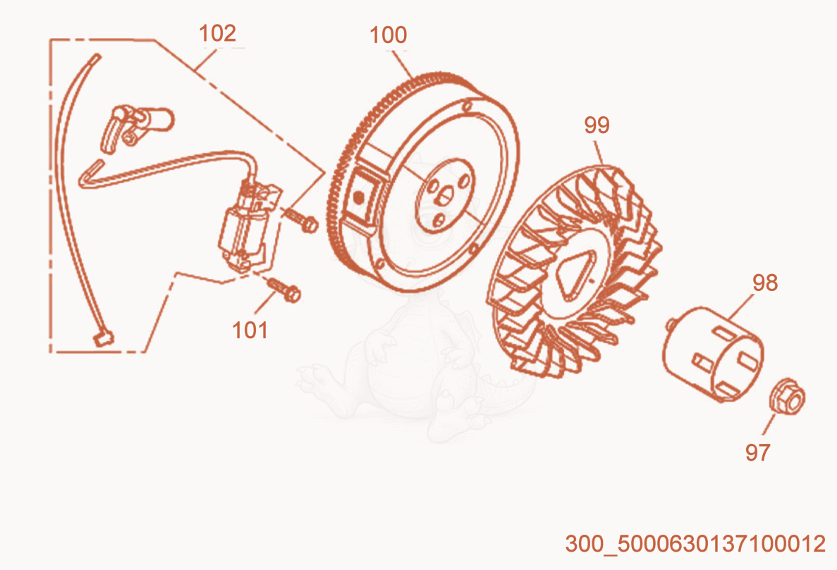 Exploded parts diagram of the Flywheel/Ignition Coil of a Wacker Neuson ML440, with numbered balloons