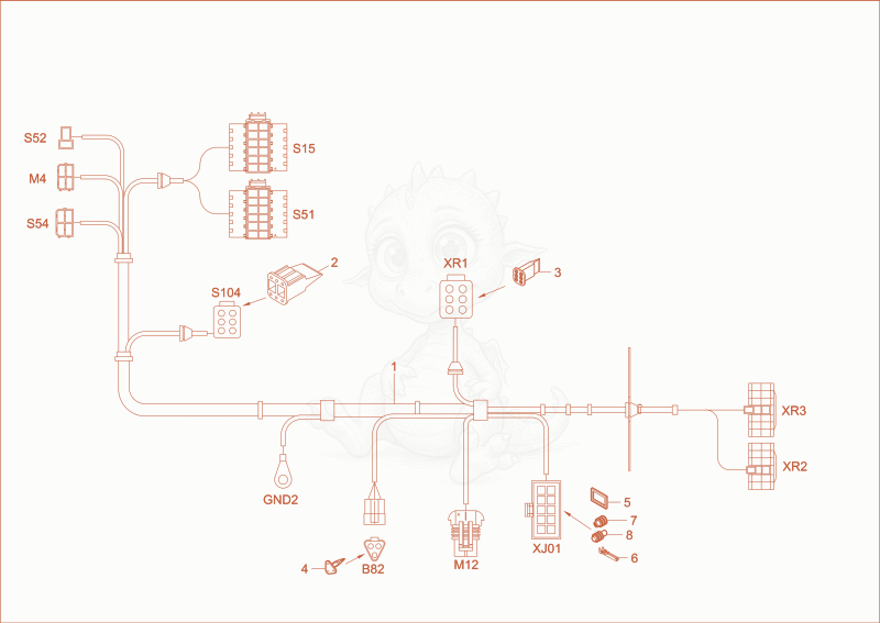 Exploded parts diagram of the wiring harness seat console of a Wacker Neuson DW60, with numbered balloons