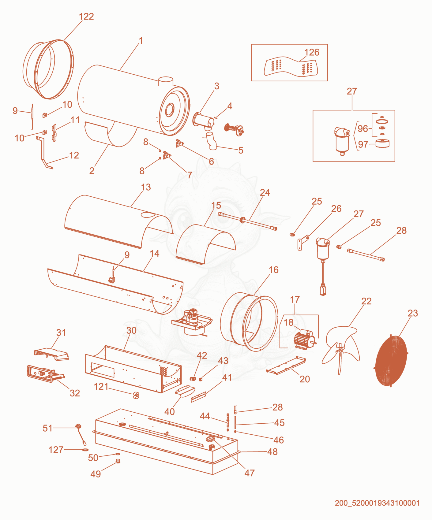Exploded parts diagram of the Heater of a Wacker Neuson HI120HD, with numbered balloons