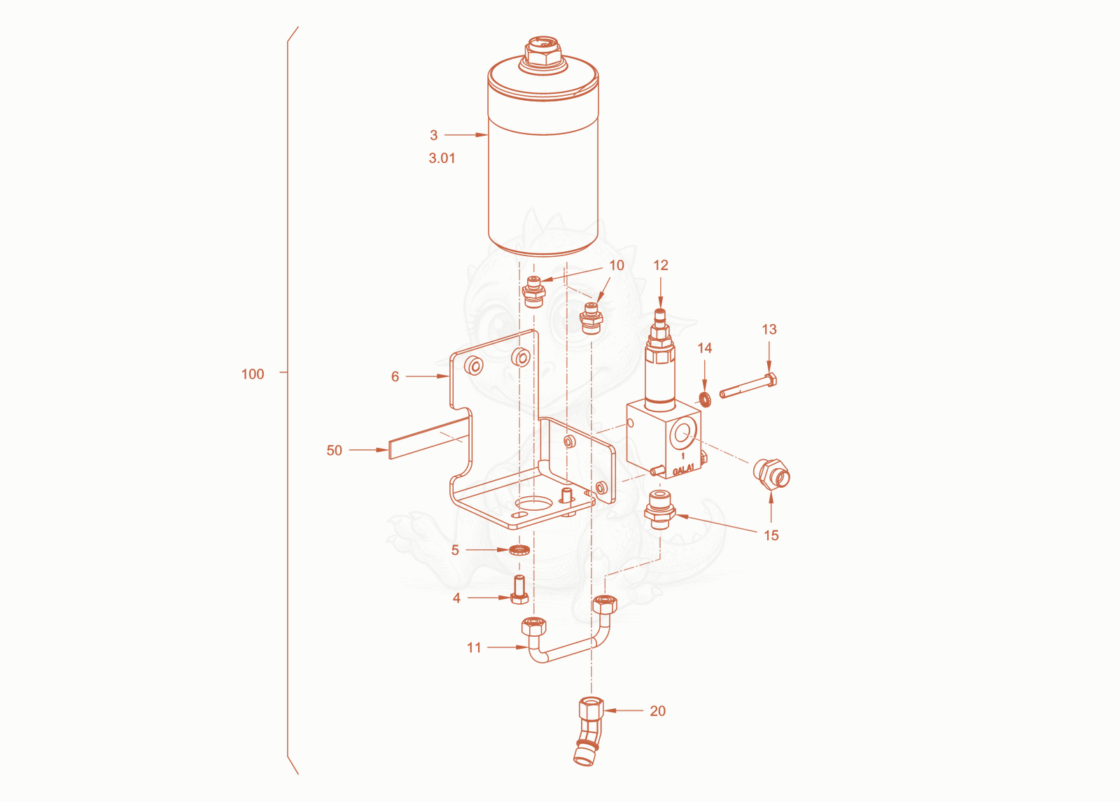 Exploded parts diagram of the bypass oil filter of a Wacker Neuson RD28-120CE, with numbered balloons