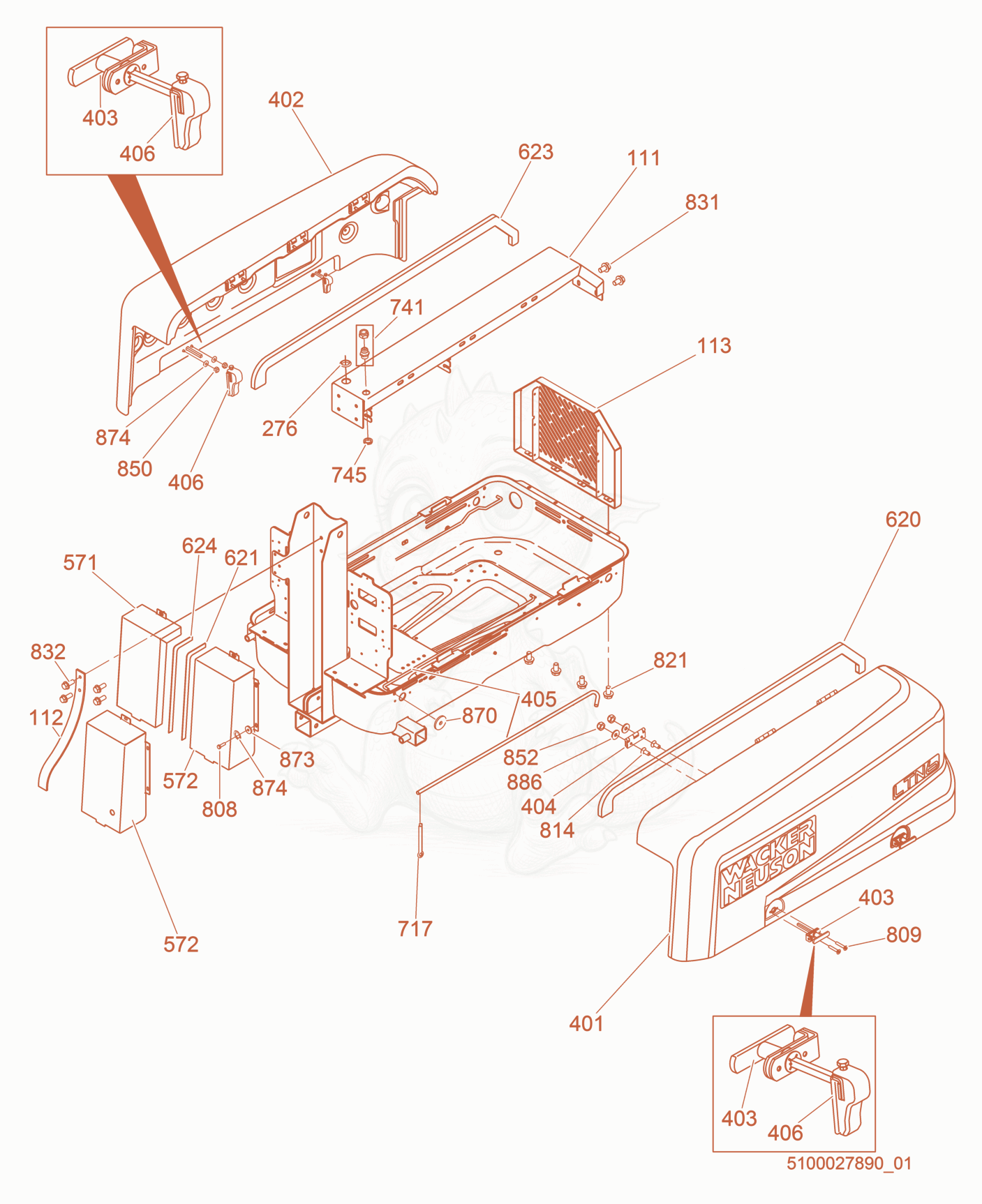 Exploded parts diagram of the Enclosure Panels of a Wacker Neuson LTN6L, with numbered balloons