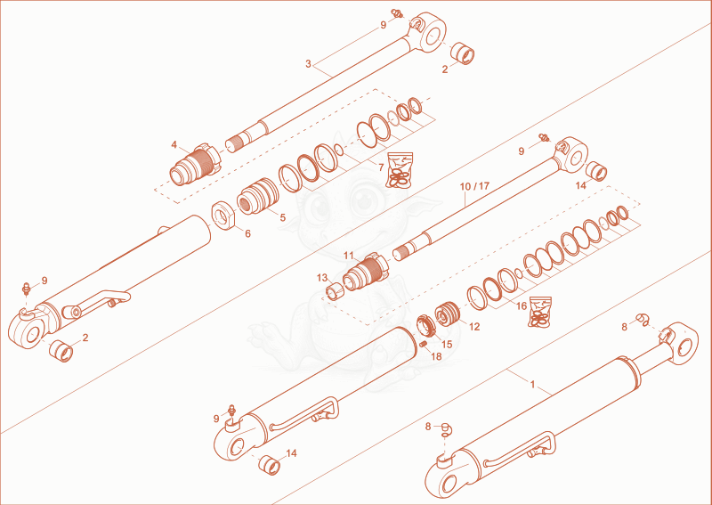 Exploded parts diagram of the bucket cylinder of a Wacker Neuson ET20, with numbered balloons