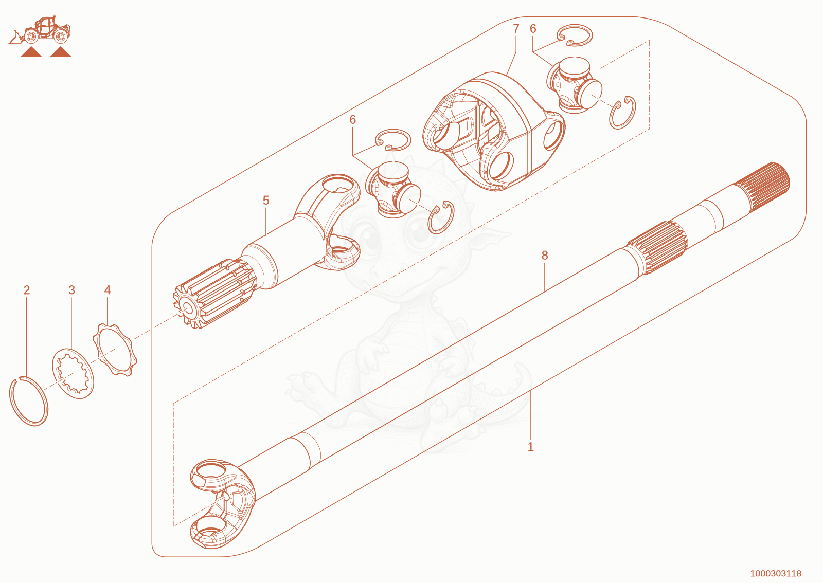 Exploded parts diagram of the double cardan shaft of a Wacker Neuson TH755(416-14), with numbered balloons