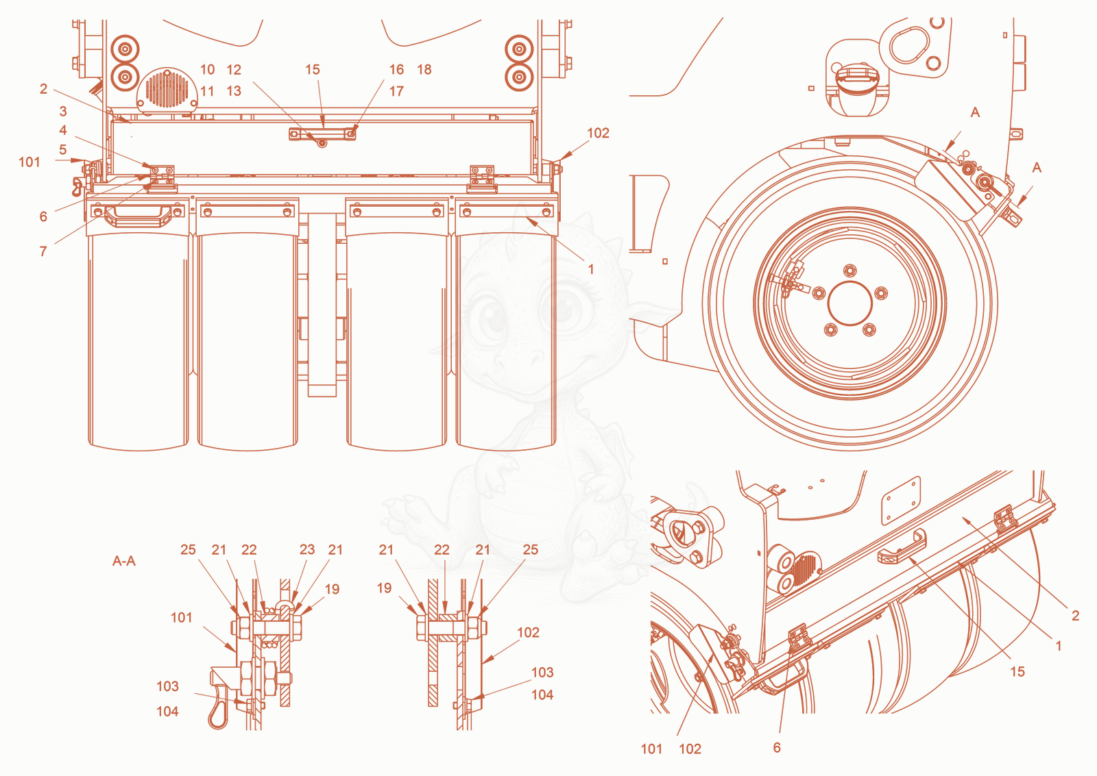 Exploded parts diagram of the scraper (tires) of a Wacker Neuson RD24-100C, with numbered balloons