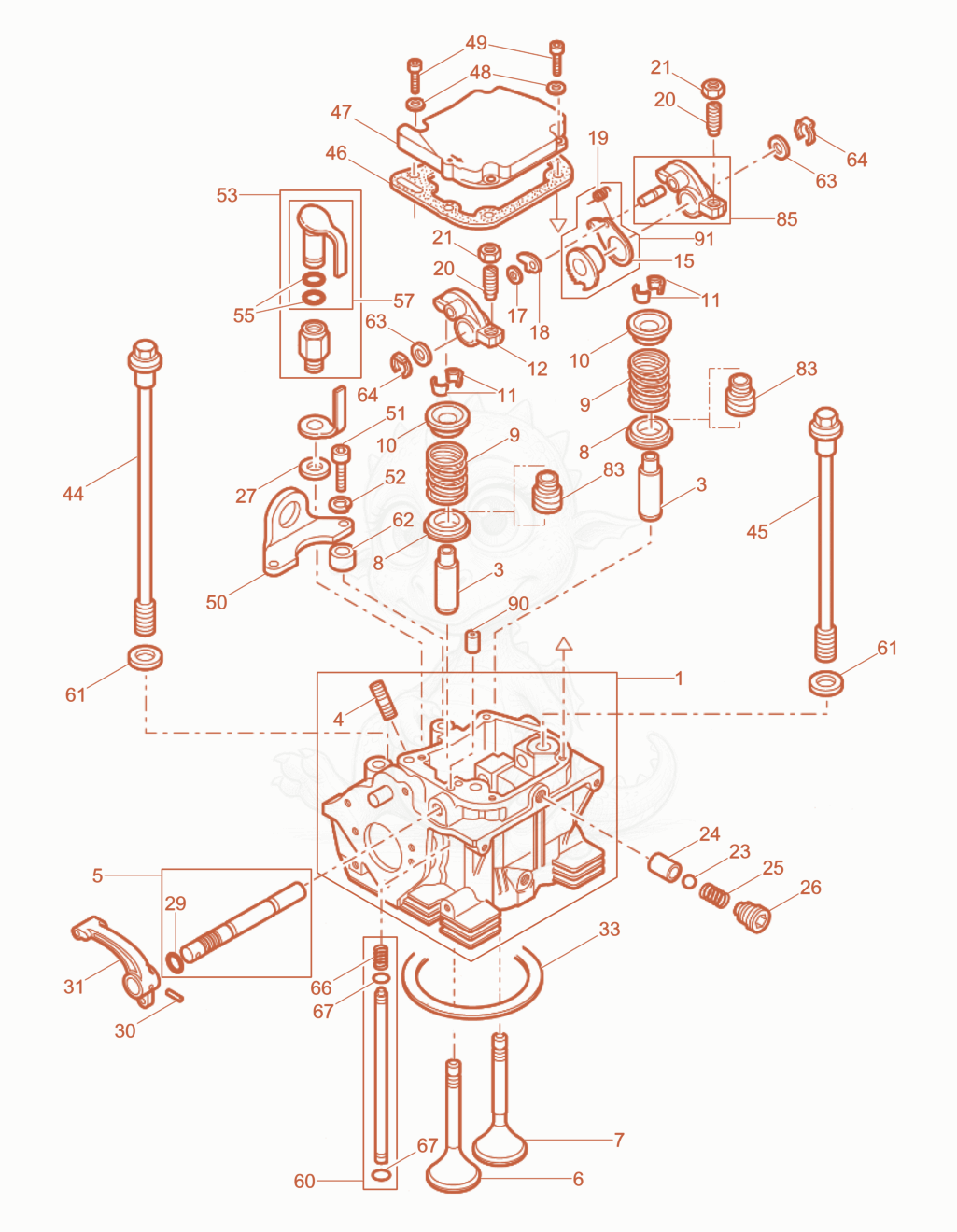 Exploded parts diagram of the Cylinder head of a Wacker Neuson RD7HFB, with numbered balloons
