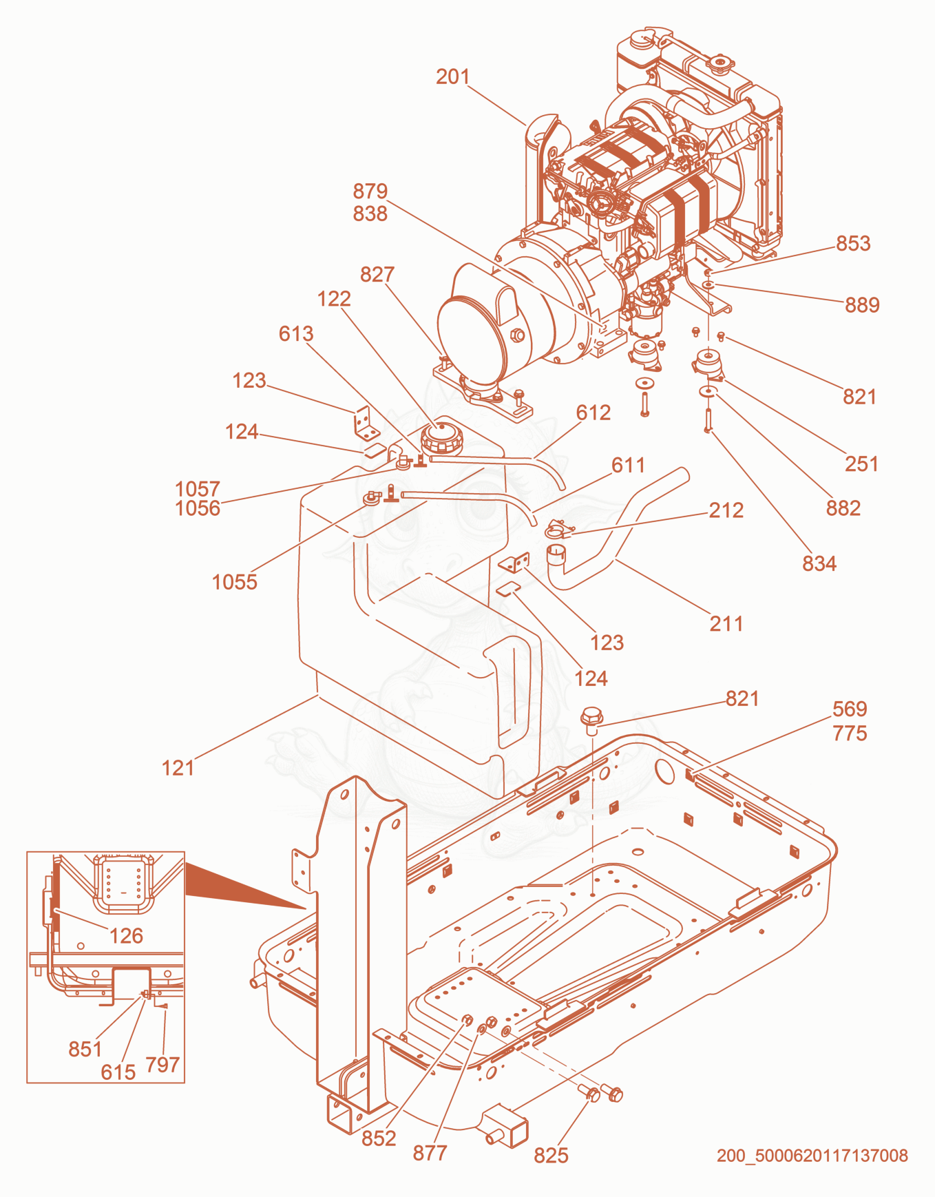 Despiece del Fuel Tank/Engine de una máquina Wacker Neuson LTN6L, con globos numerados