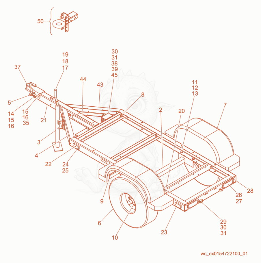Exploded parts diagram of the Trailer Frame w/Electric Brake of a Wacker Neuson G25, with numbered balloons