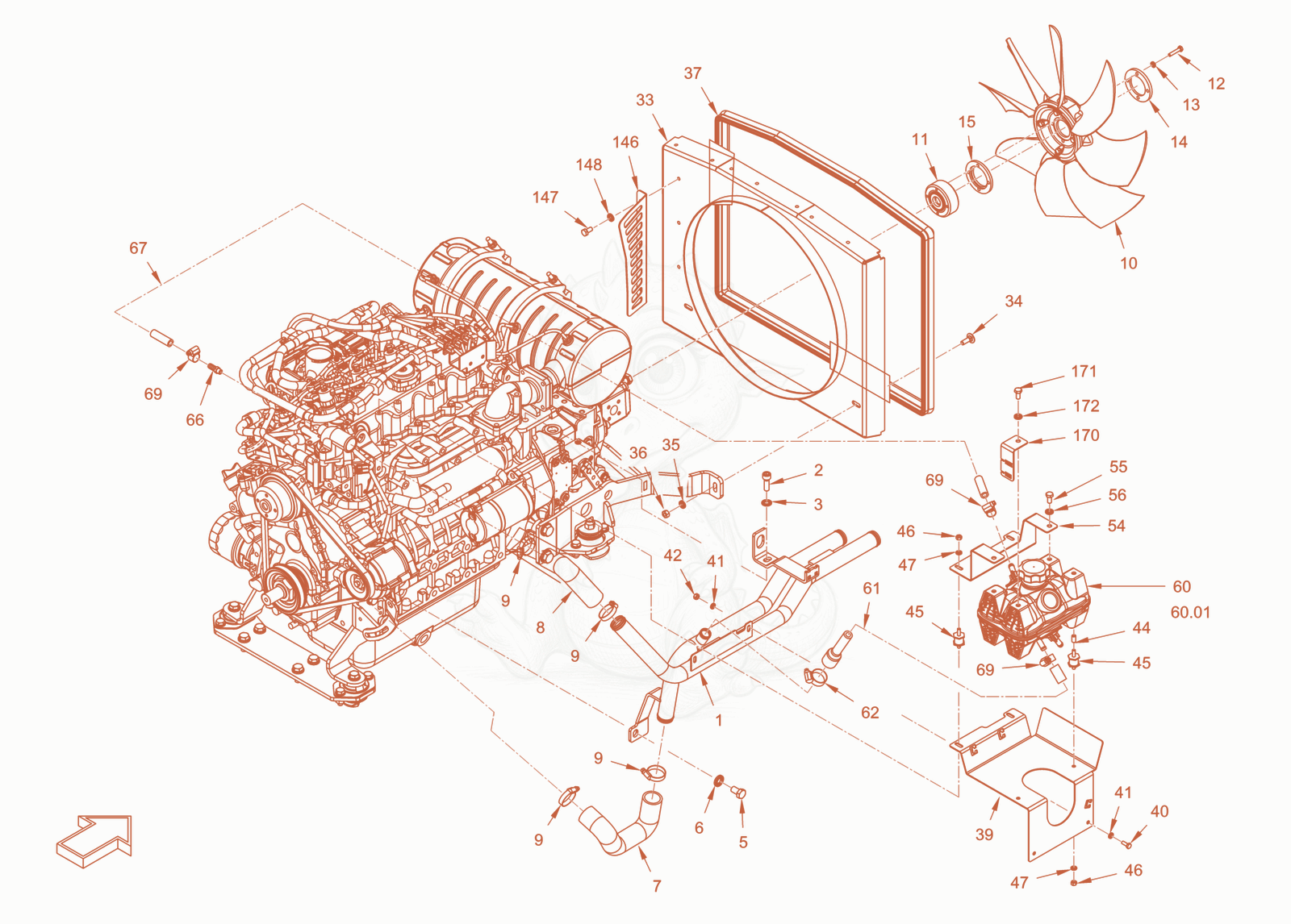 Exploded parts diagram of the cooling (engine/hydraulic oil) of a Wacker Neuson RD40-130CDPF, with numbered balloons