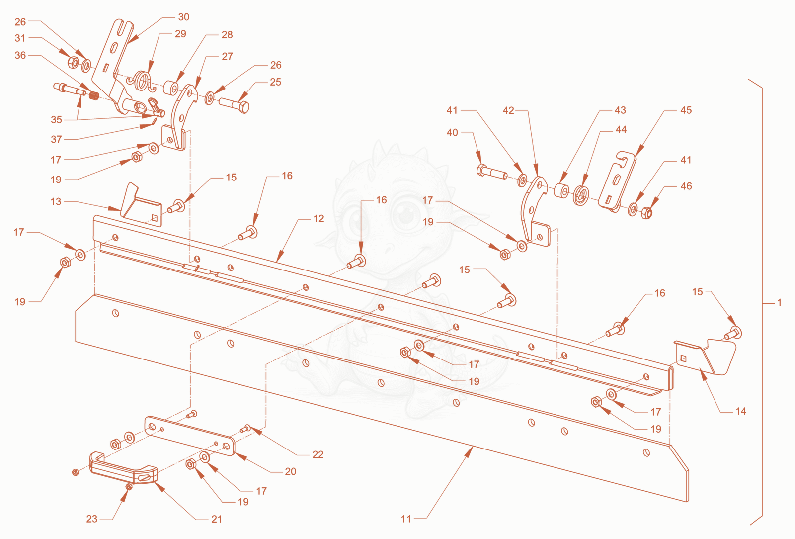 Exploded parts diagram of the foldable scraper of a Wacker Neuson RD45-140DPF, with numbered balloons