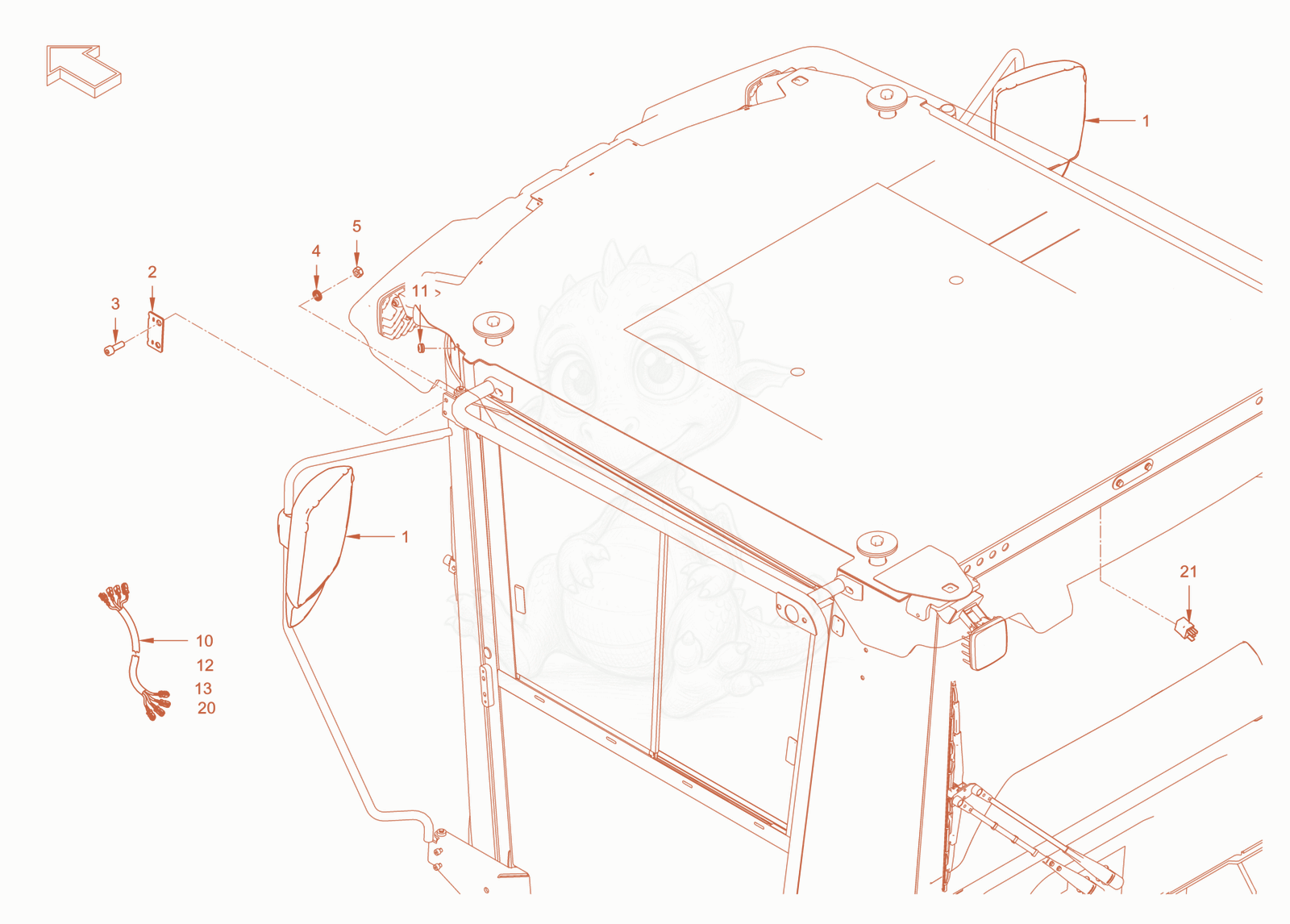 Exploded parts diagram of the additional mirror of a Wacker Neuson RC110CAB, with numbered balloons