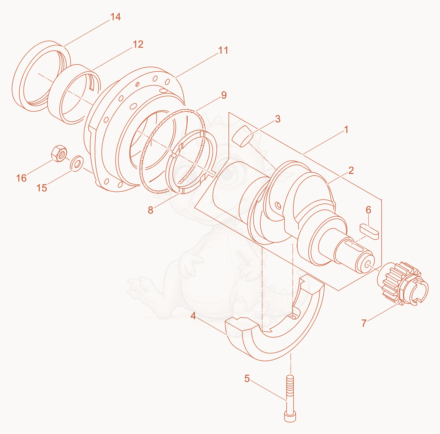 Exploded parts diagram of the Crankshaft - Mounting flange of a Wacker Neuson DPU6055, with numbered balloons