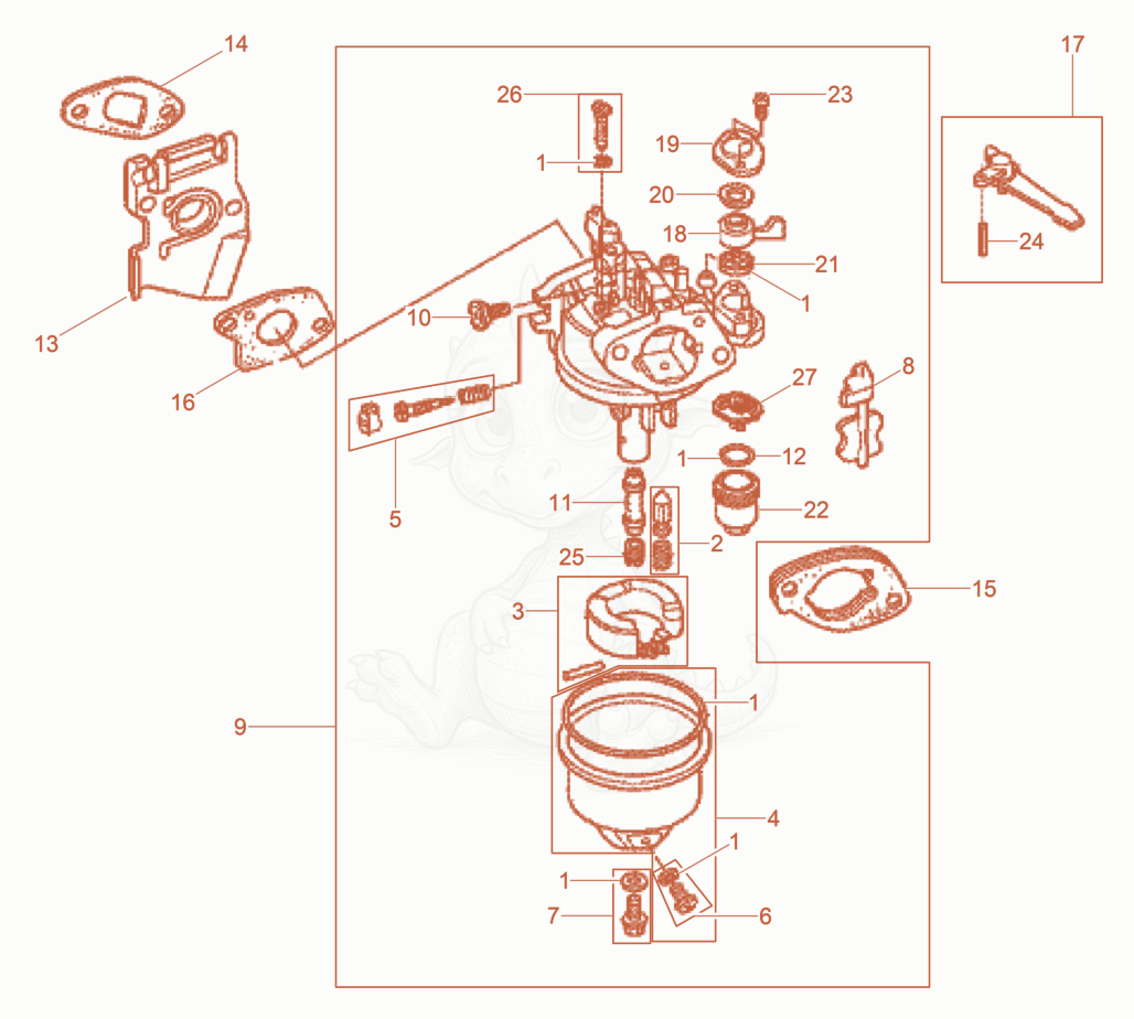 Despiece del Carburetor de una máquina Wacker Neuson VP1030AW, con globos numerados