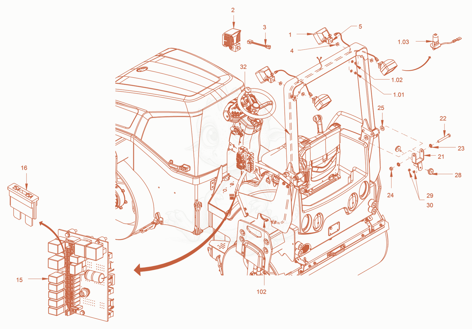 Exploded parts diagram of the additional lighting, rops of a Wacker Neuson RD18-100C, with numbered balloons