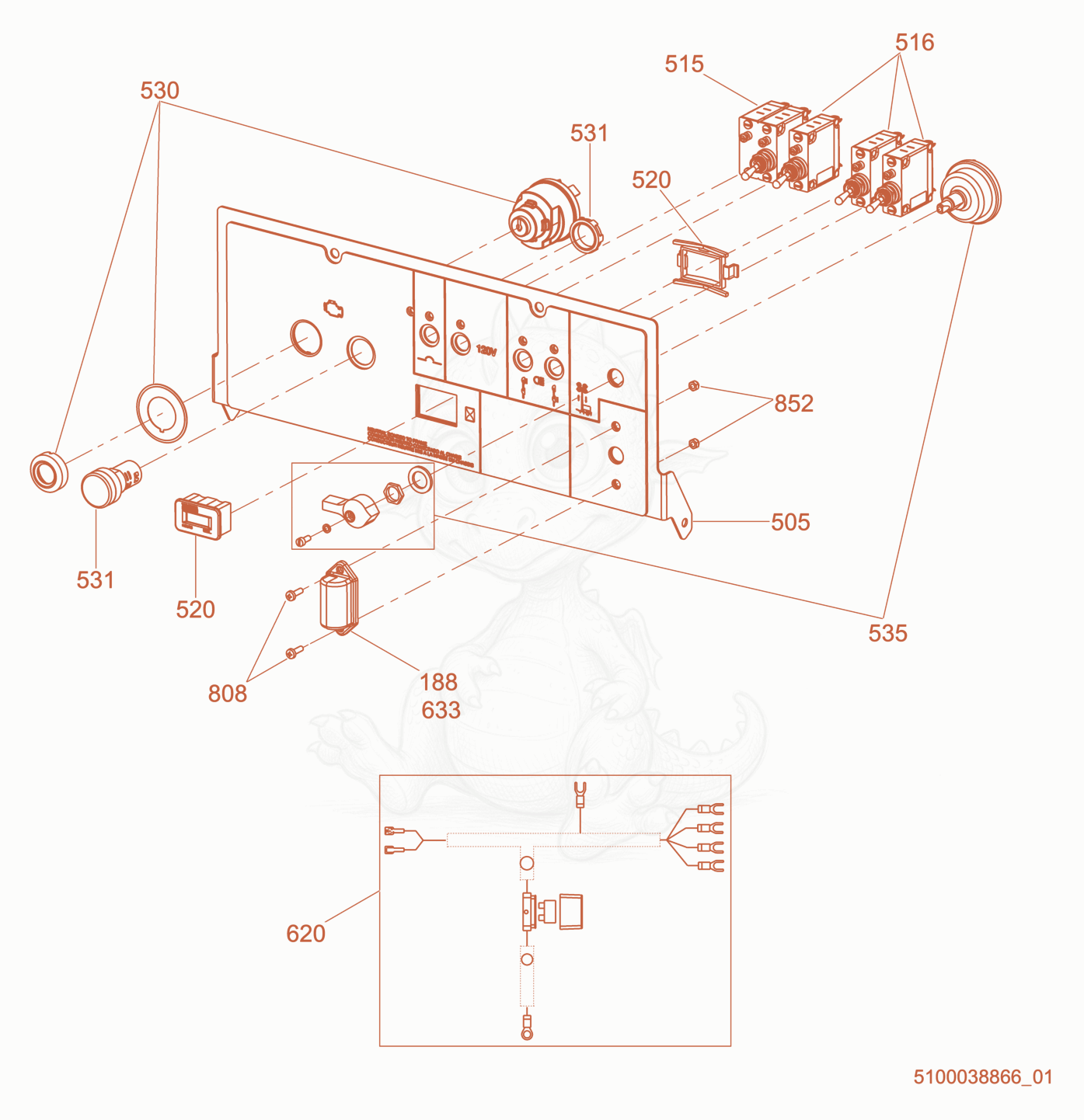 Exploded parts diagram of the Option-Control Panel, Power Winch (LED) of a Wacker Neuson LTV6K, with numbered balloons