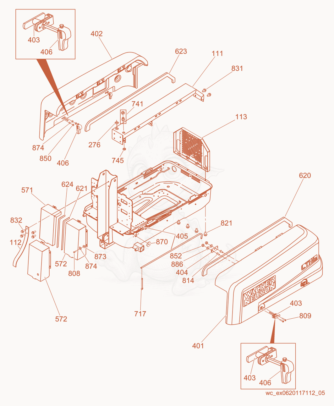 Exploded parts diagram of the Enclosure Panels of a Wacker Neuson LTN6K, with numbered balloons