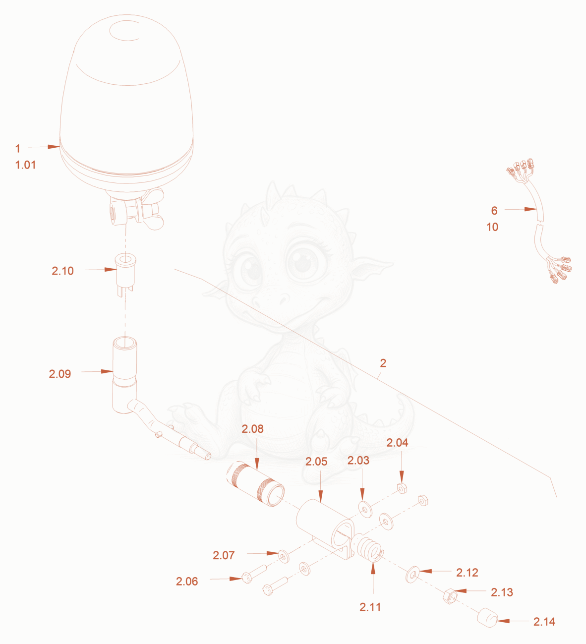 Exploded parts diagram of the rotary beacon of a Wacker Neuson RC50P, with numbered balloons
