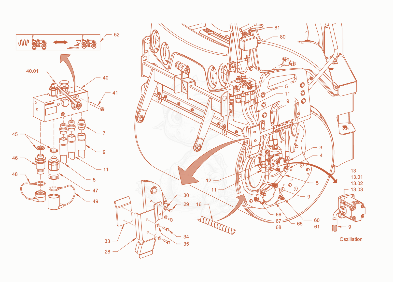 Exploded parts diagram of the cylinder spreader of a Wacker Neuson RD40-130CDPF, with numbered balloons