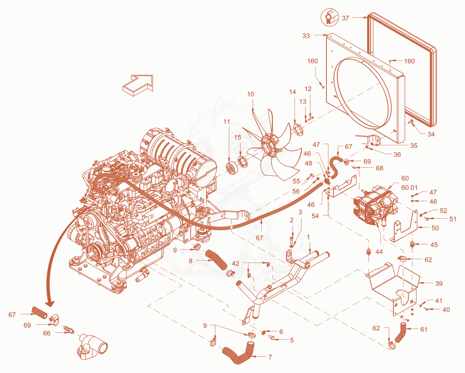 Exploded parts diagram of the cooling (engine/hydraulic oil) of a Wacker Neuson RD40-130, with numbered balloons