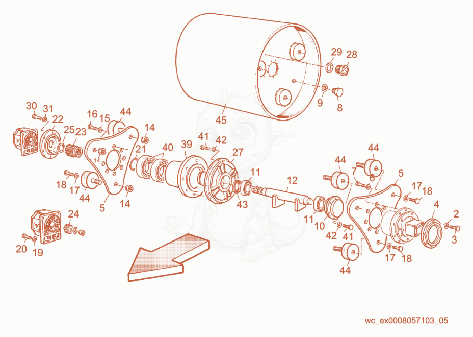 Exploded parts diagram of the Driving/Vibration Drum of a Wacker Neuson RD15, with numbered balloons