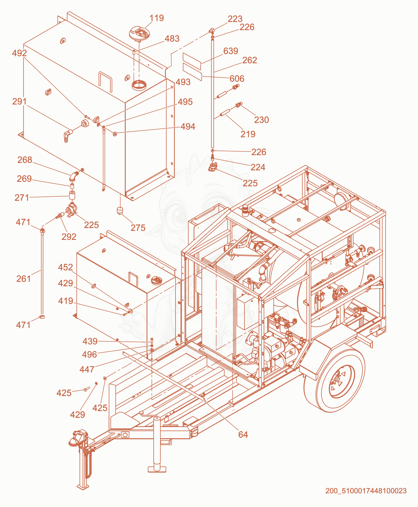 Exploded parts diagram of the Fuel Tank cpl. of a Wacker Neuson E2200, with numbered balloons