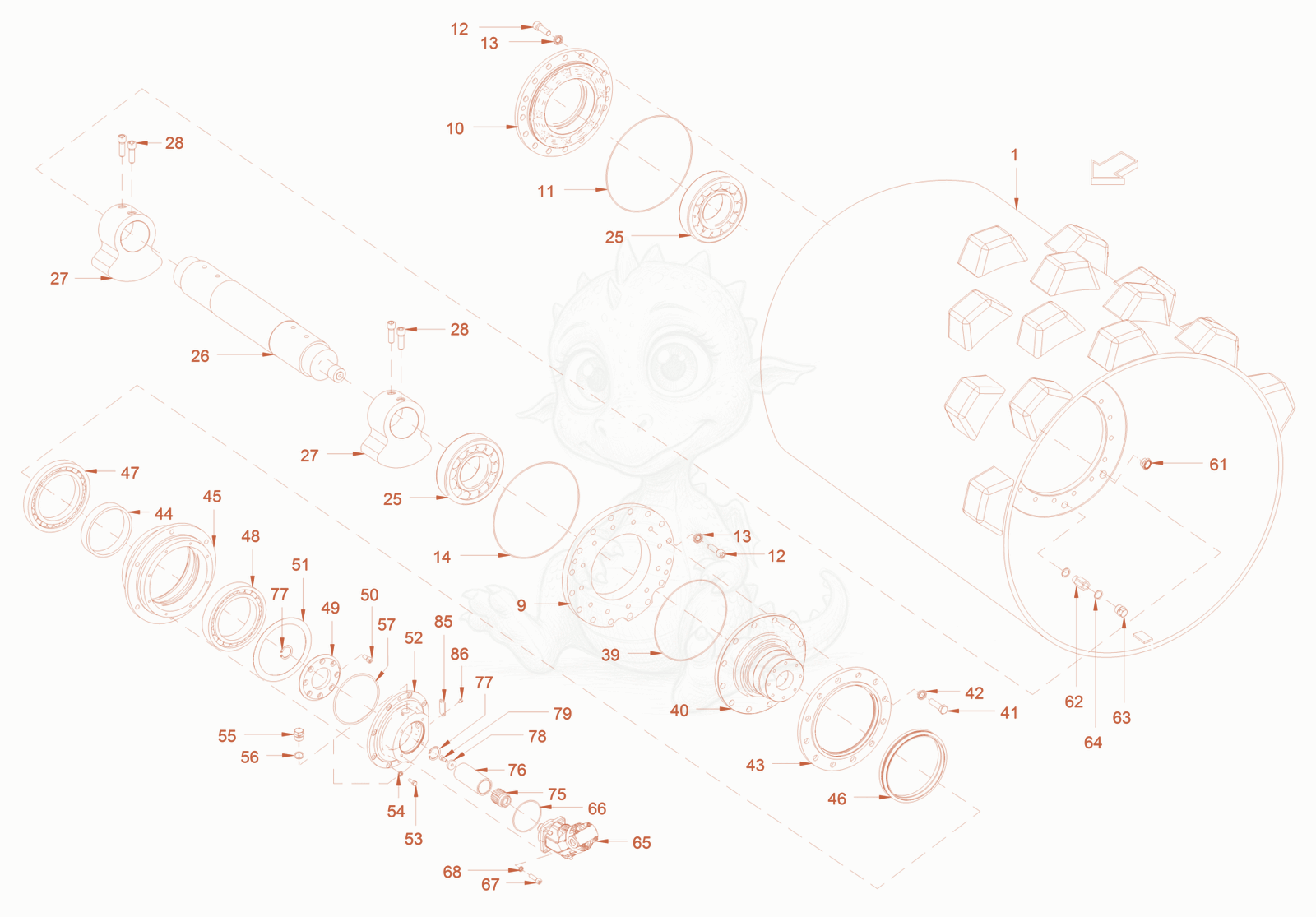 Exploded parts diagram of the roller drum of a Wacker Neuson RC50P, with numbered balloons
