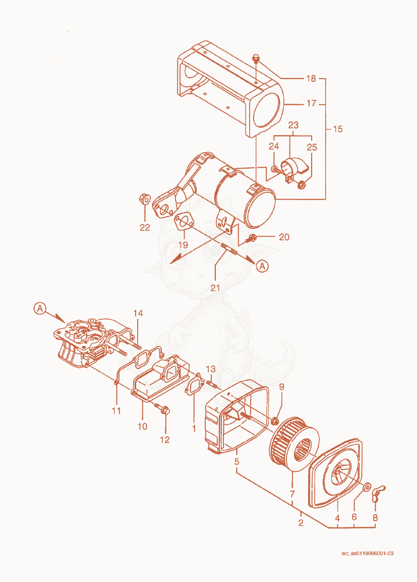 Exploded parts diagram of the Air Cleaner/Muffler of a Wacker Neuson VP2050Y, with numbered balloons
