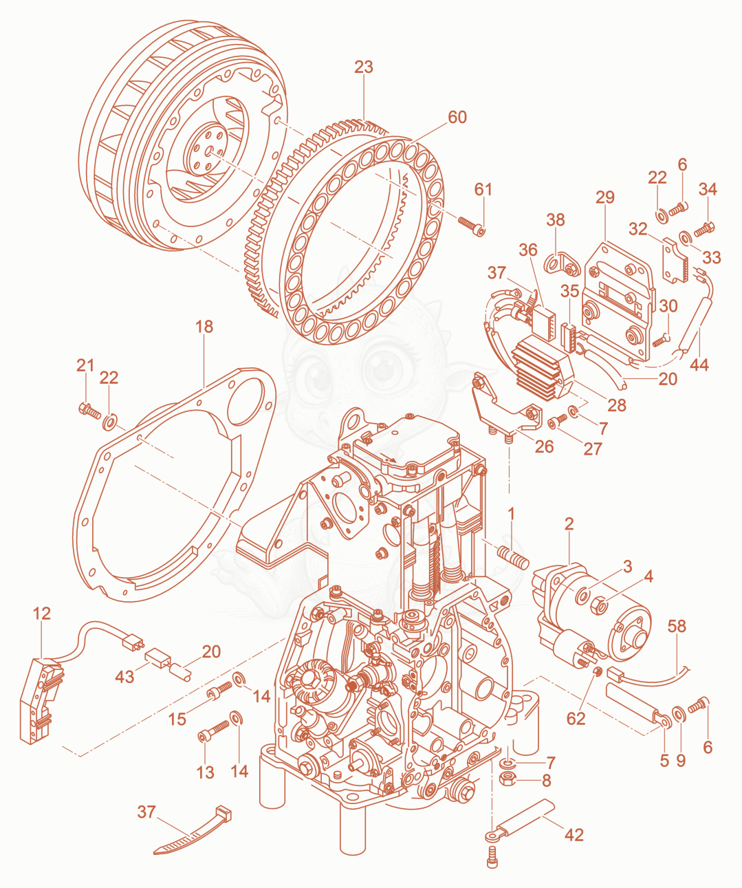 Exploded parts diagram of the Starter-Generator of a Wacker Neuson DPU5545HEHUS, with numbered balloons