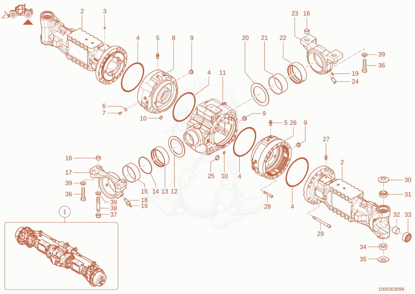 Despiece del rear axle de una máquina Wacker Neuson TH955(416-06), con globos numerados