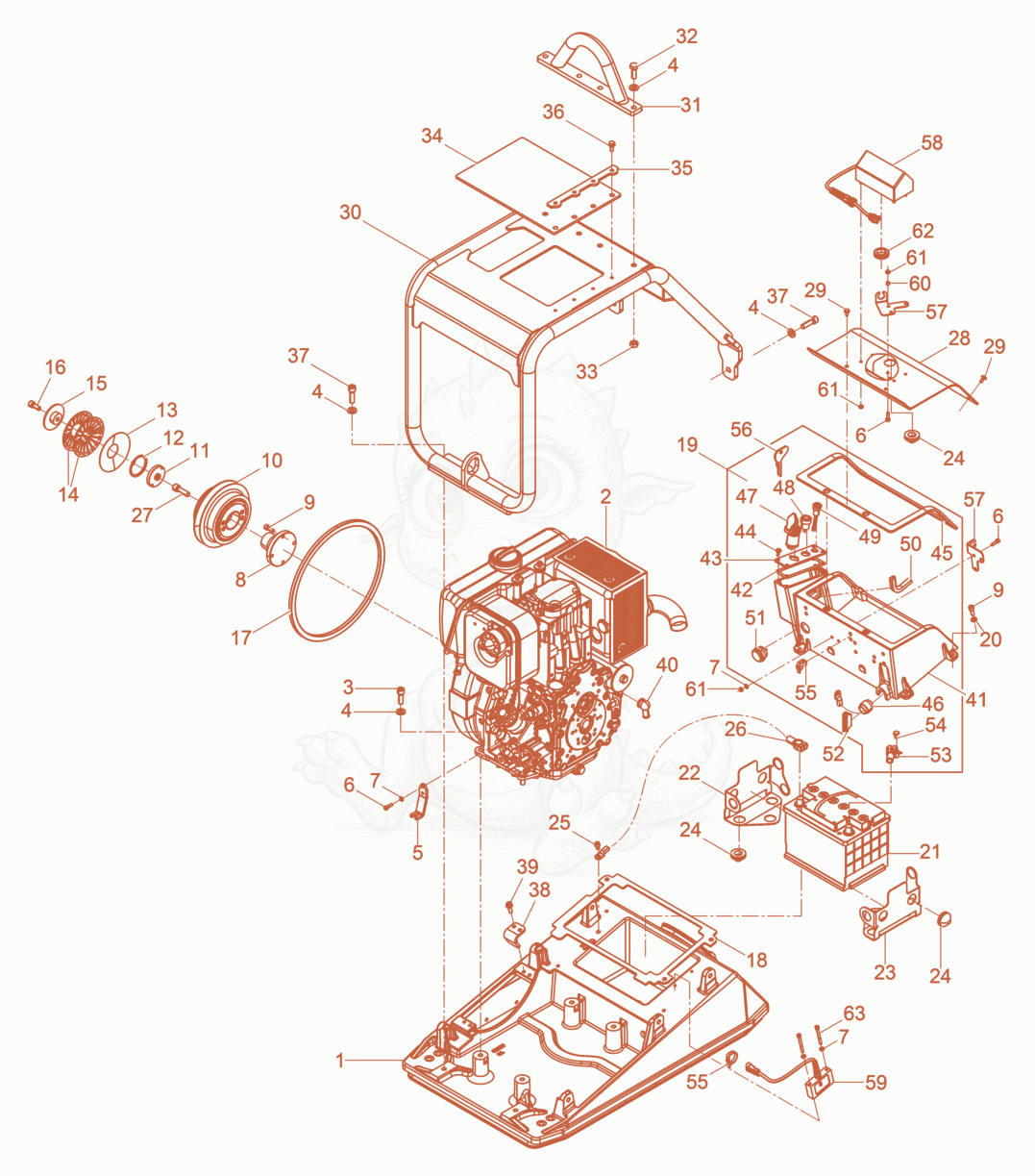 Exploded parts diagram of the Upper mass of a Wacker Neuson DPU6555HEC, with numbered balloons