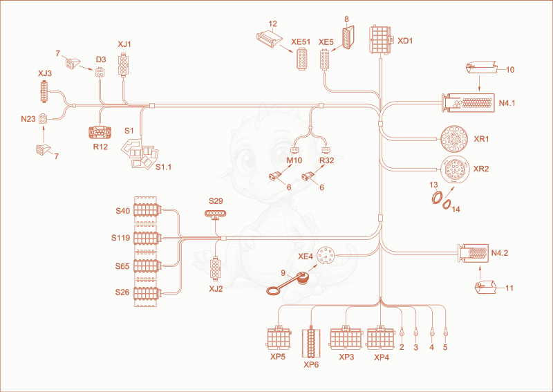 Exploded parts diagram of the wiring harness seat console of a Wacker Neuson ET145, with numbered balloons