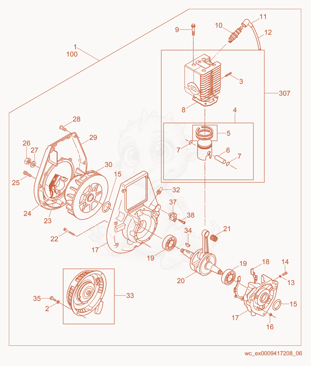 Exploded parts diagram of the Engine-WM 80 of a Wacker Neuson BS50-2, with numbered balloons