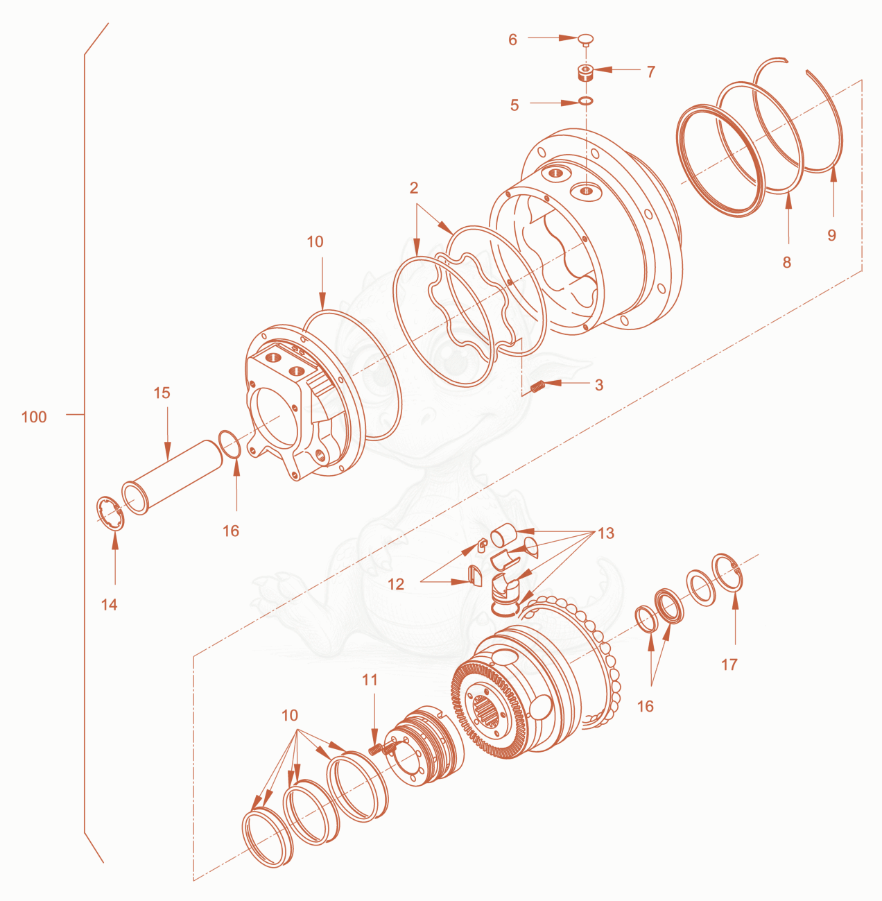 Despiece del gear hub motor de una máquina Wacker Neuson RD40-130C, con globos numerados