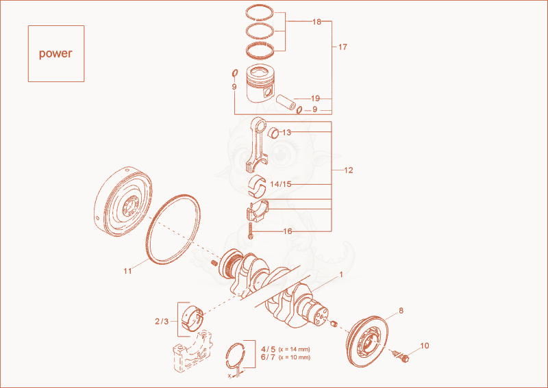Despiece del CRANKSHAFT, PISTON (OPTION) de una máquina Wacker Neuson 6001, con globos numerados