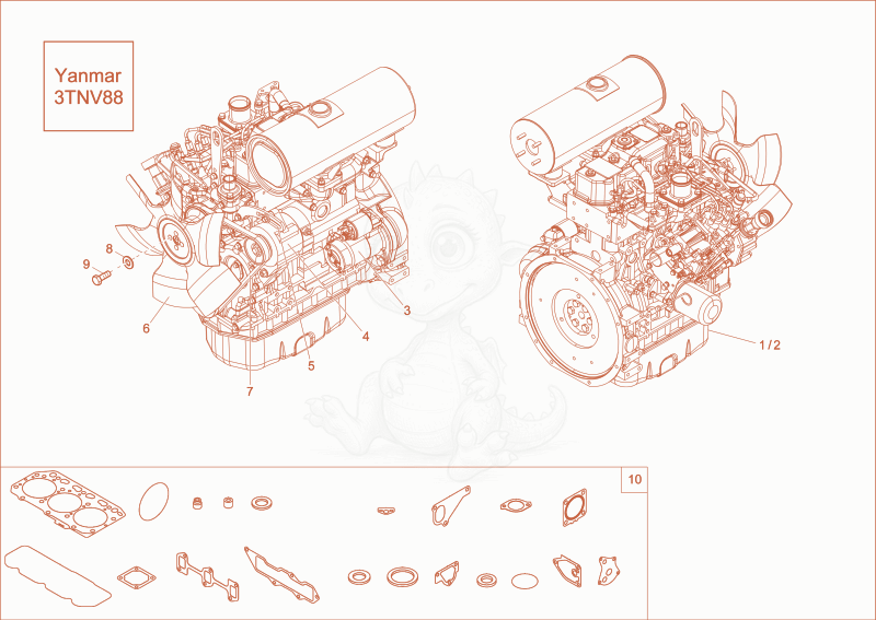 Exploded parts diagram of the diesel engine of a Wacker Neuson EZ36, with numbered balloons