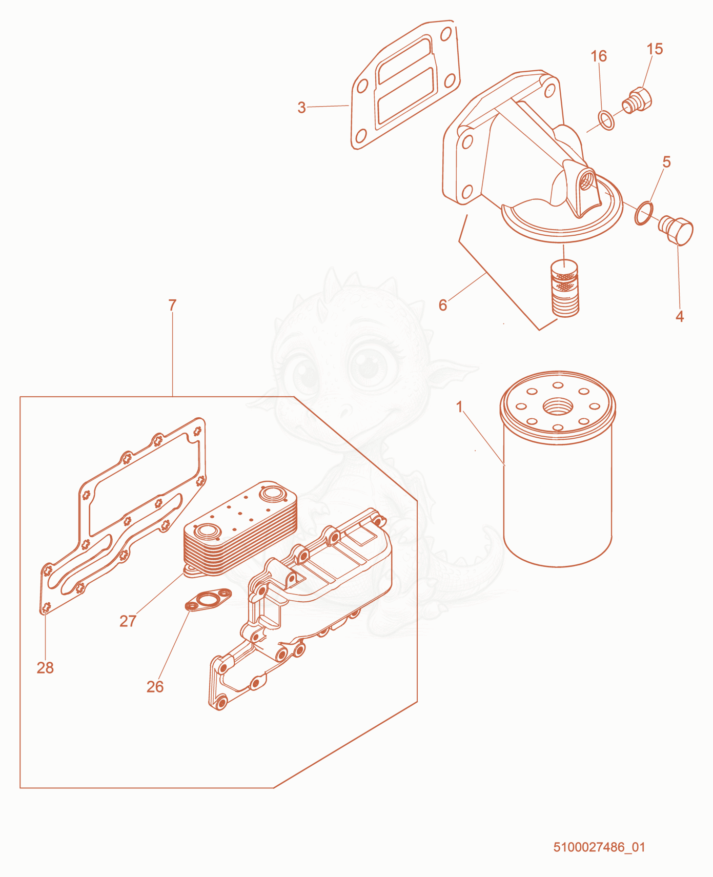 Exploded parts diagram of the Oil Cooler / Filter of a Wacker Neuson G50, with numbered balloons