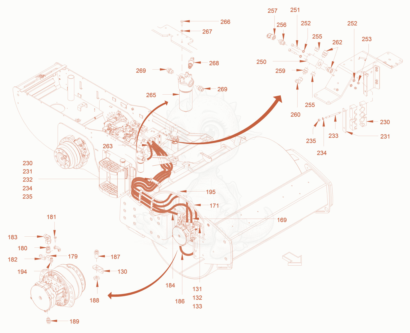 Exploded parts diagram of the advance drive of a Wacker Neuson RC50P, with numbered balloons