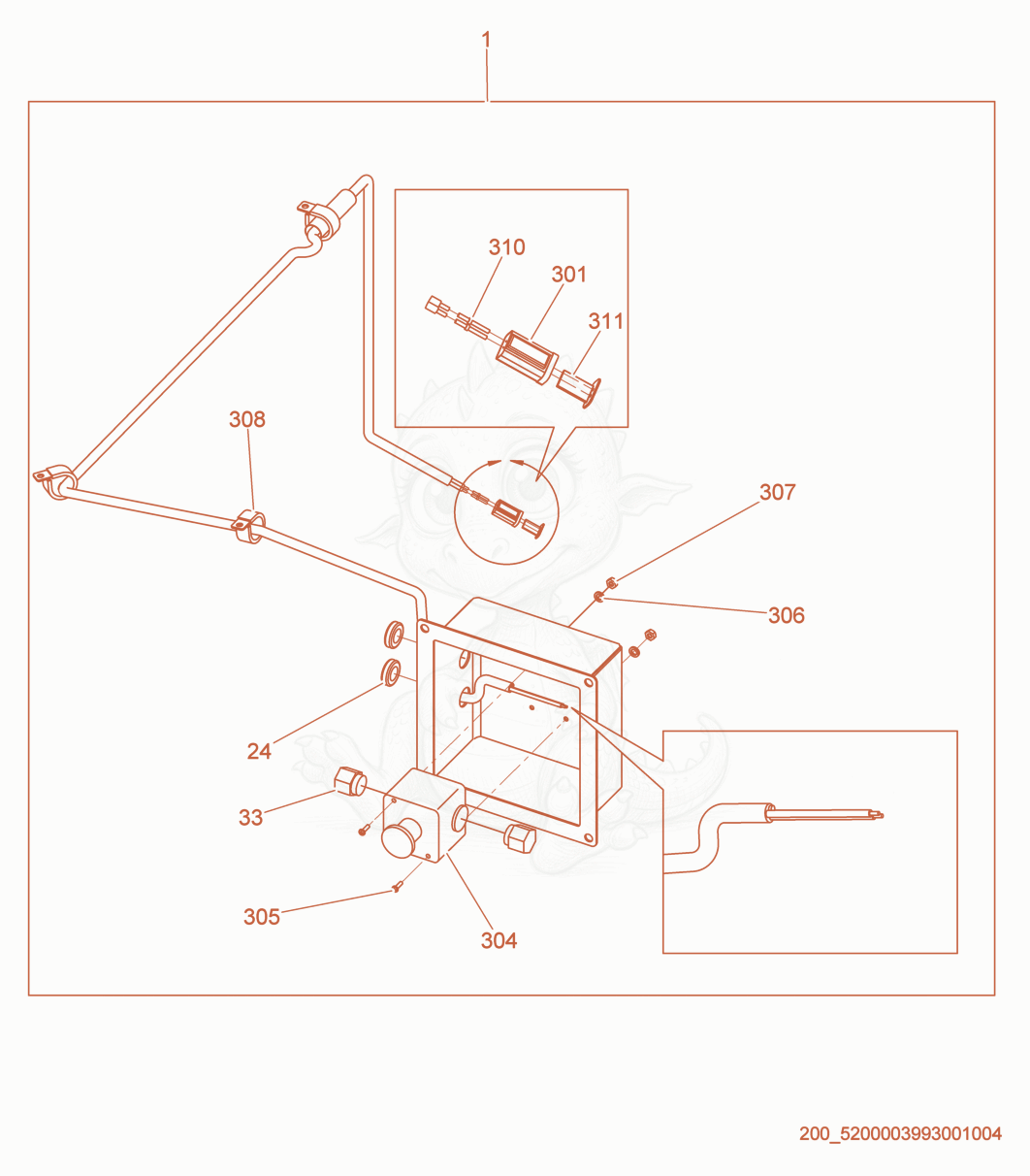 Exploded parts diagram of the E-Stop Box cpl. of a Wacker Neuson HSH350, with numbered balloons