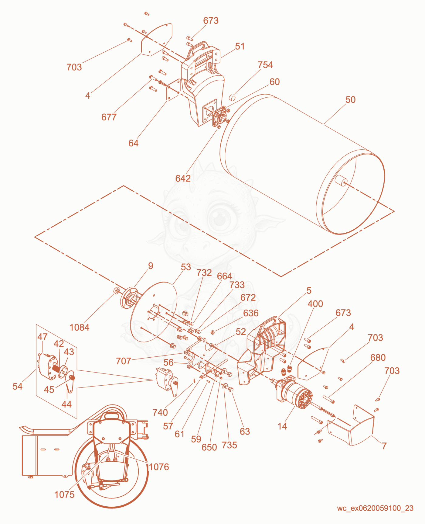 Exploded parts diagram of the Rear Drum of a Wacker Neuson RD12-90, with numbered balloons