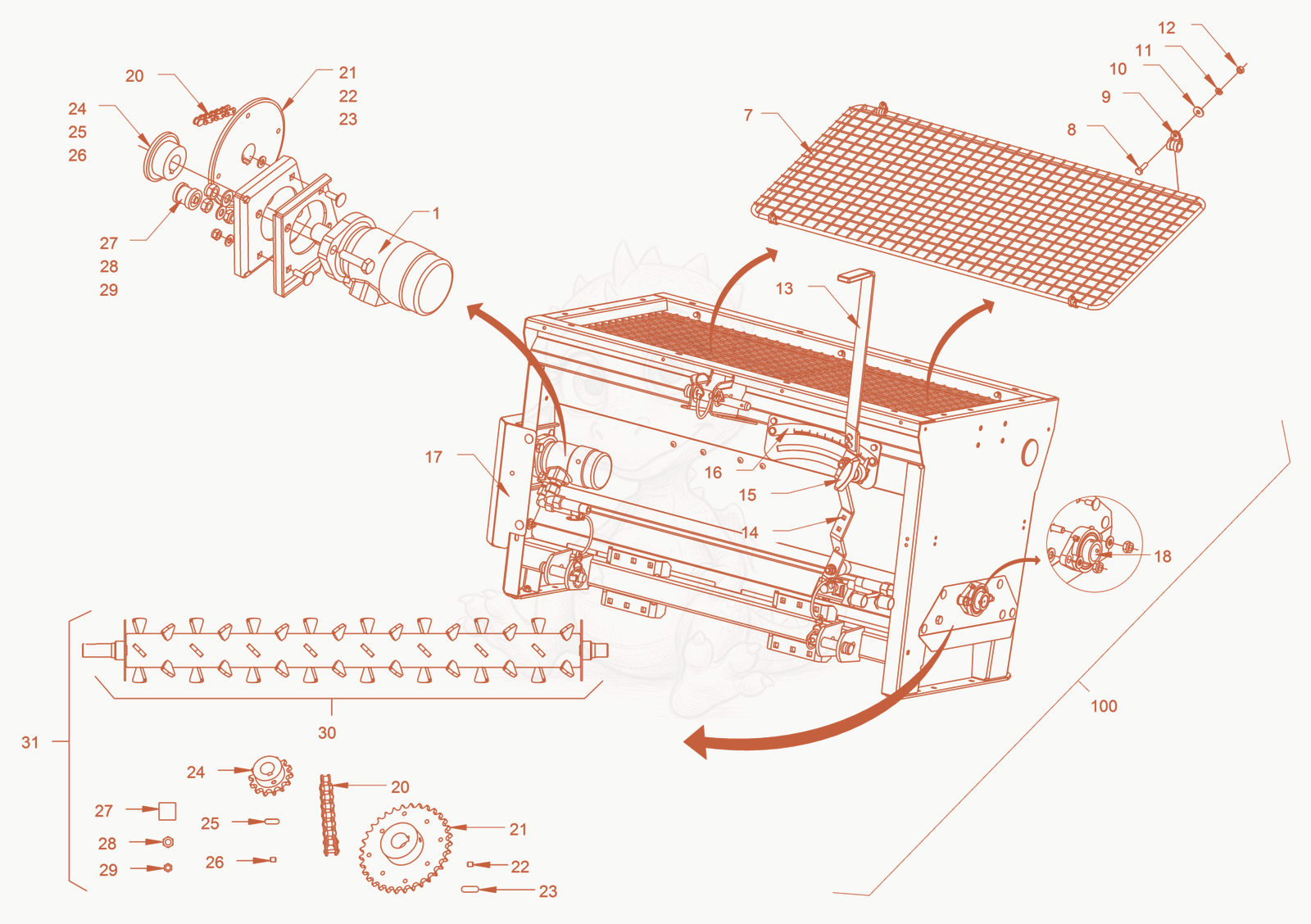 Exploded parts diagram of the Chip Spreader of a Wacker Neuson RD45-140, with numbered balloons