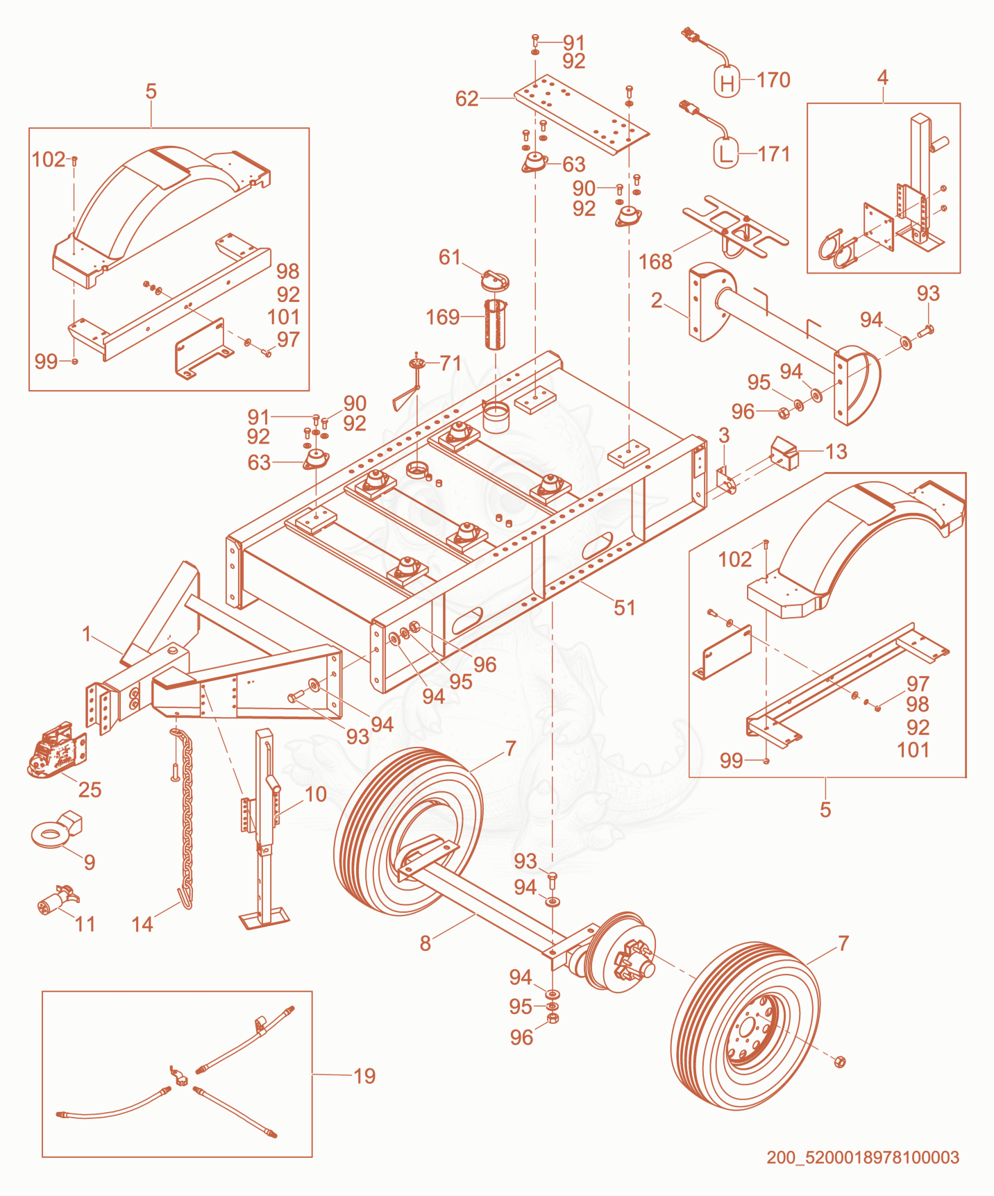 Exploded parts diagram of the Trailer cpl. of a Wacker Neuson APT6TCW, with numbered balloons