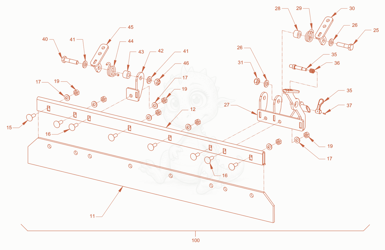 Exploded parts diagram of the foldable scraper of a Wacker Neuson RD18-100C.3, with numbered balloons