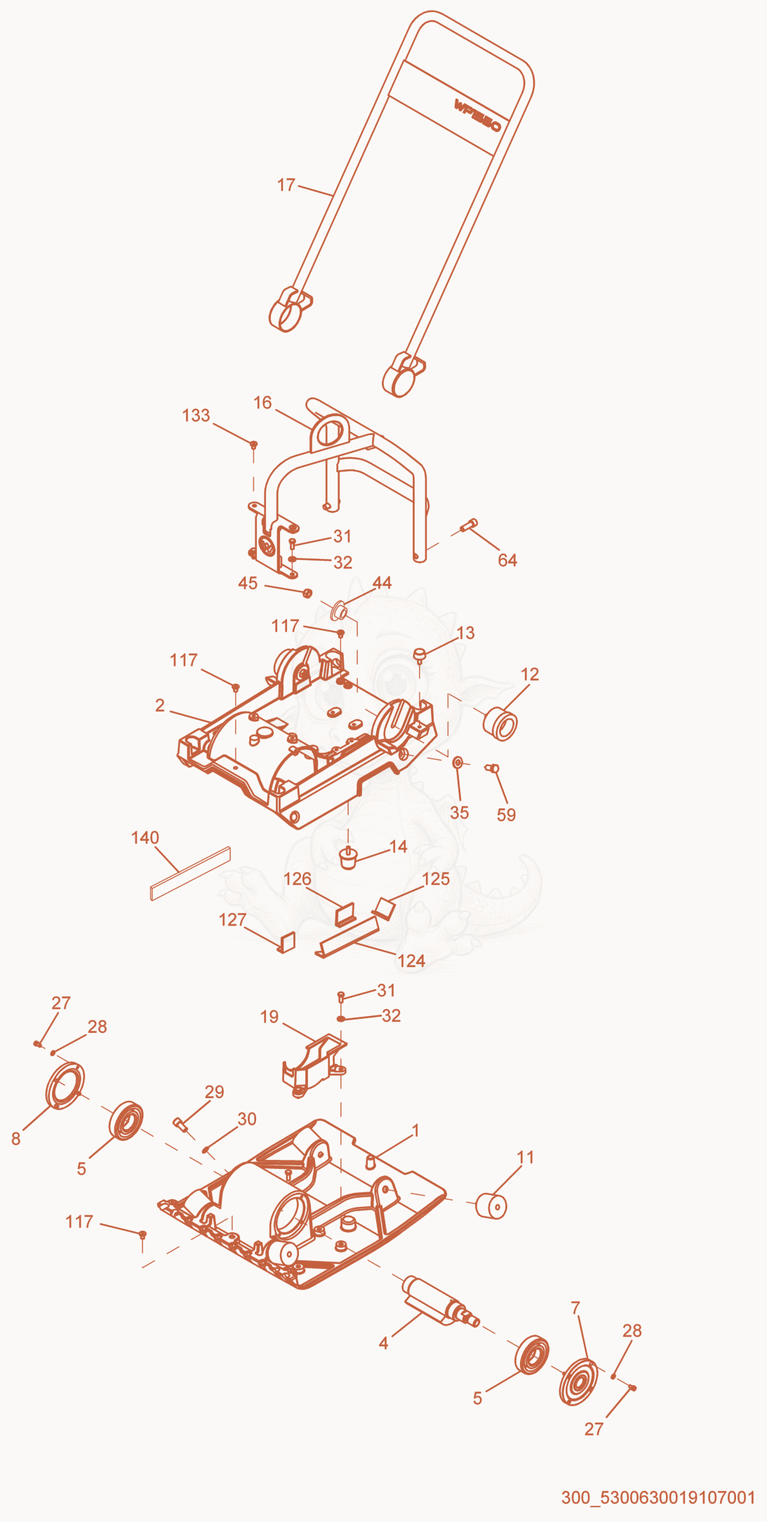Exploded parts diagram of the Guide Handle/Baseplate of a Wacker Neuson WP1550W, with numbered balloons