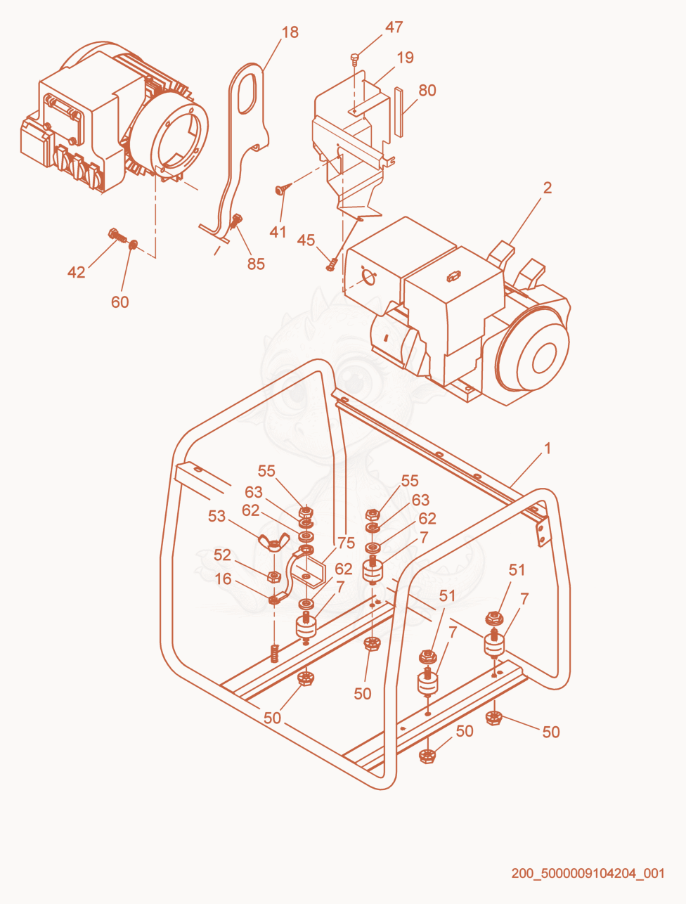 Despiece del Frame/Engine de una máquina Wacker Neuson G7AI, con globos numerados