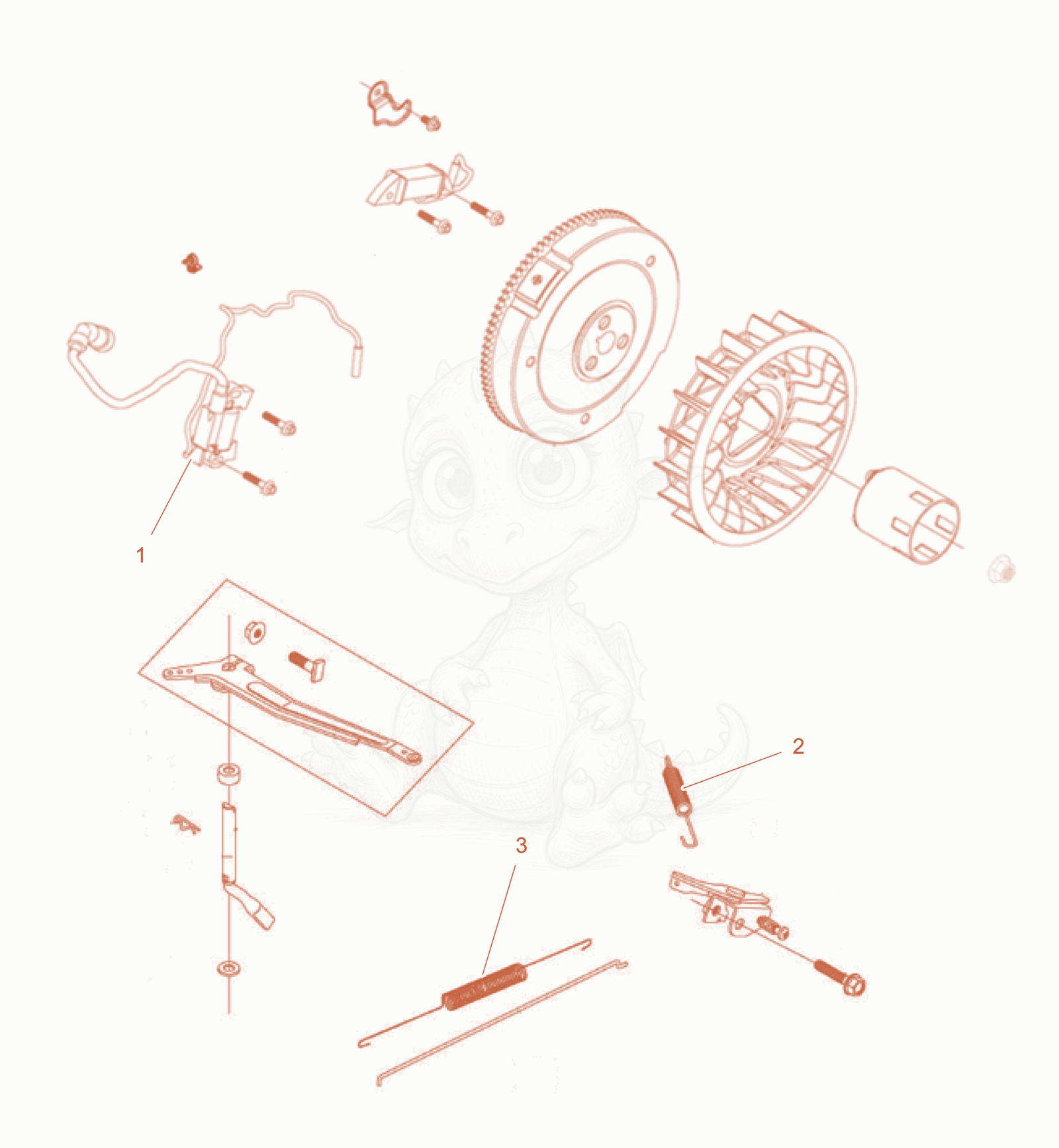 Exploded parts diagram of the Flywheel and Control cpl. of a Wacker Neuson GS8003GCN, with numbered balloons