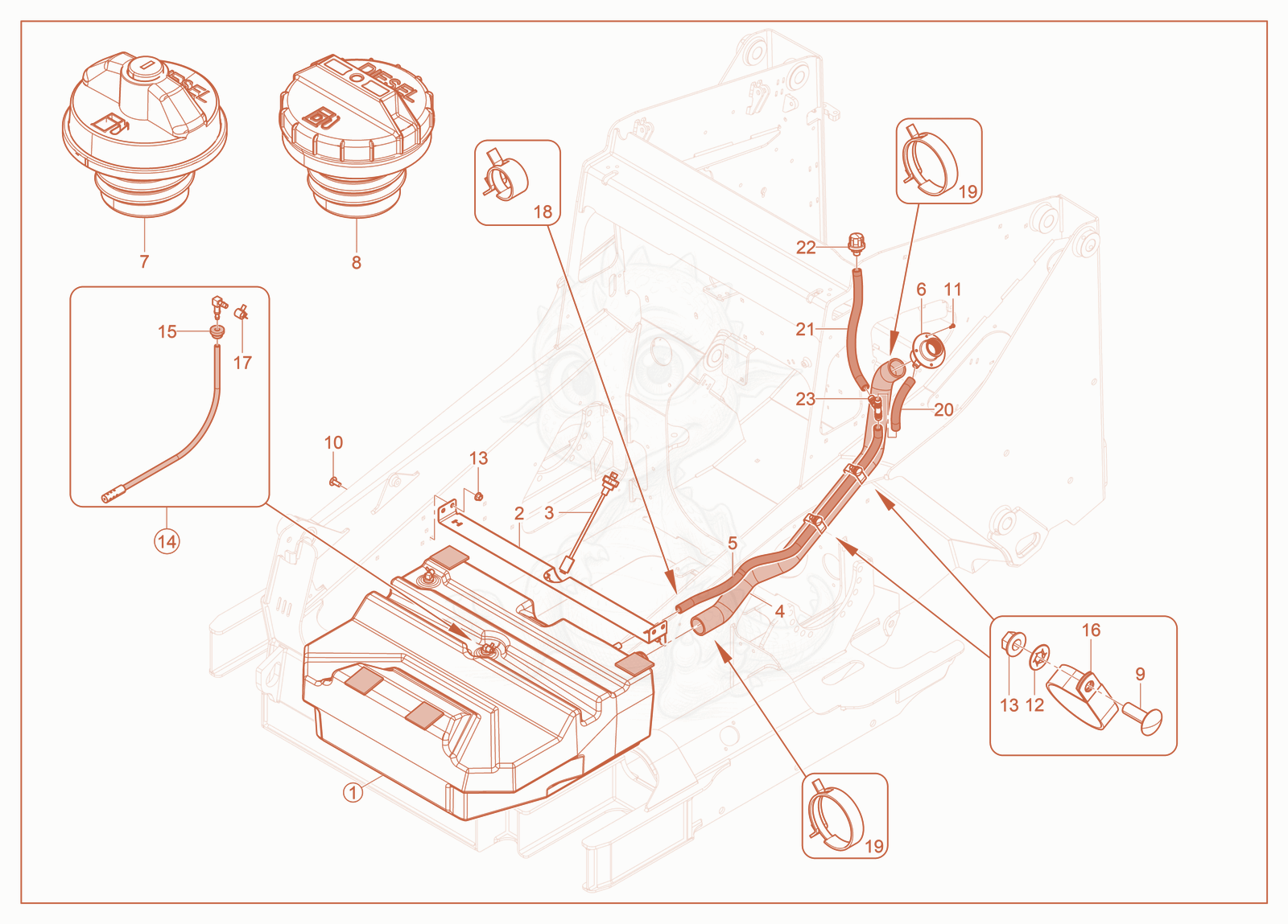 Exploded parts diagram of the Fuel Tank of a Wacker Neuson ST31(S08), with numbered balloons