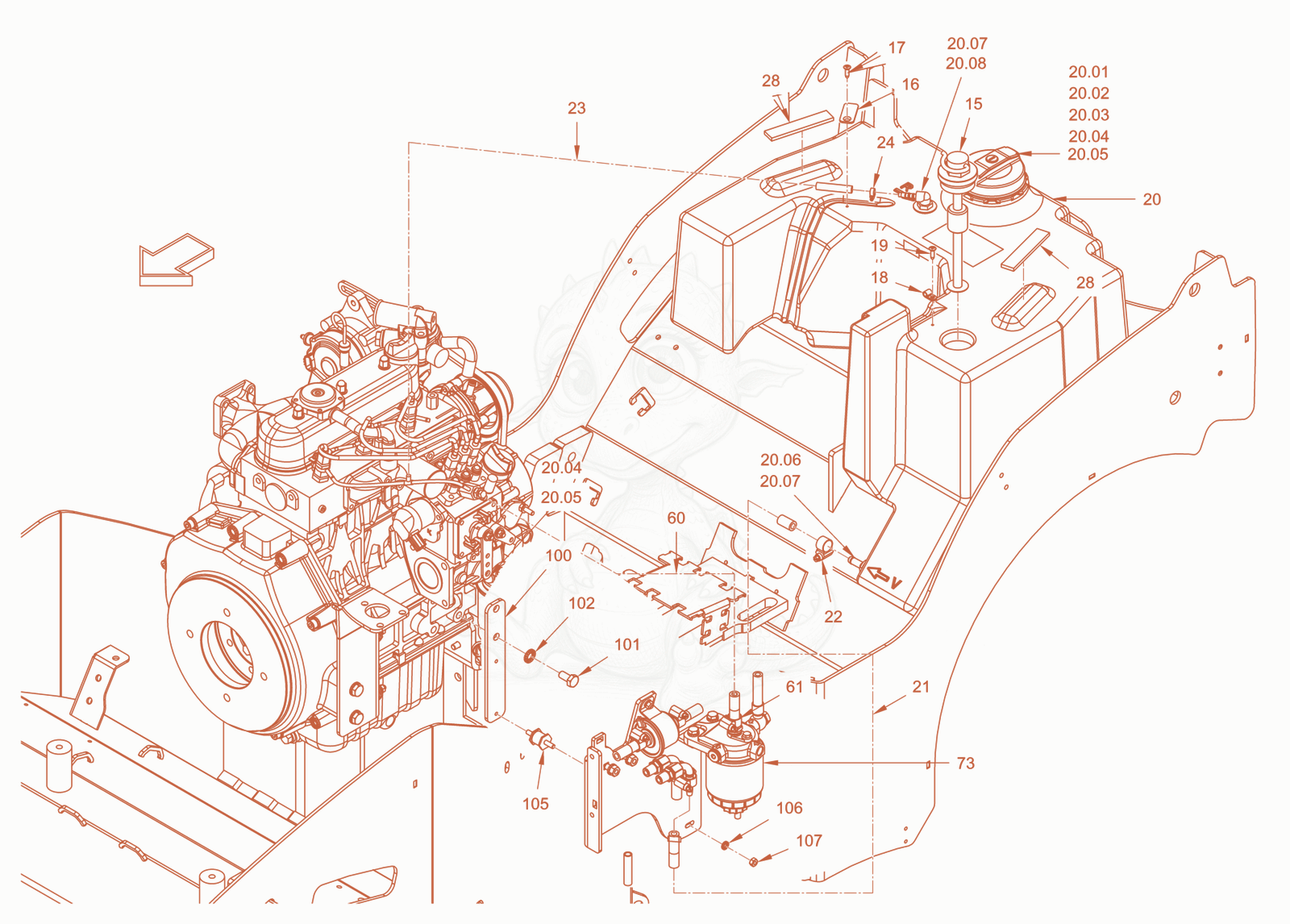 Exploded parts diagram of the fuel system of a Wacker Neuson RD18-100C.3, with numbered balloons