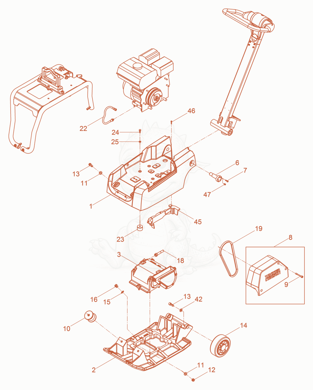 Exploded parts diagram of the Vibratory Plate cpl. of a Wacker Neuson BPU3050ACN, with numbered balloons