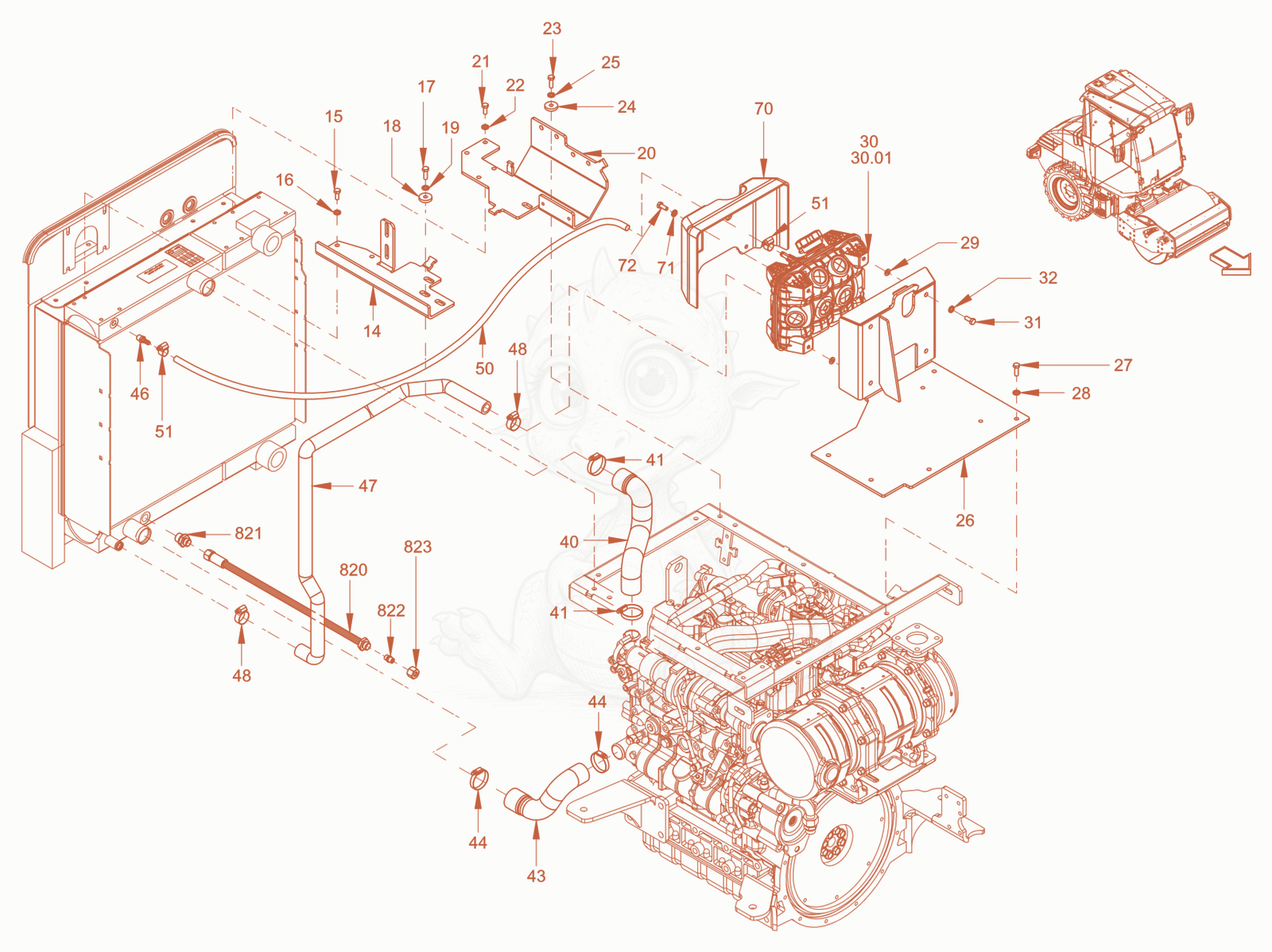 Exploded parts diagram of the cooling (engine/hydraulic oil) of a Wacker Neuson RC50PDPFCAB, with numbered balloons