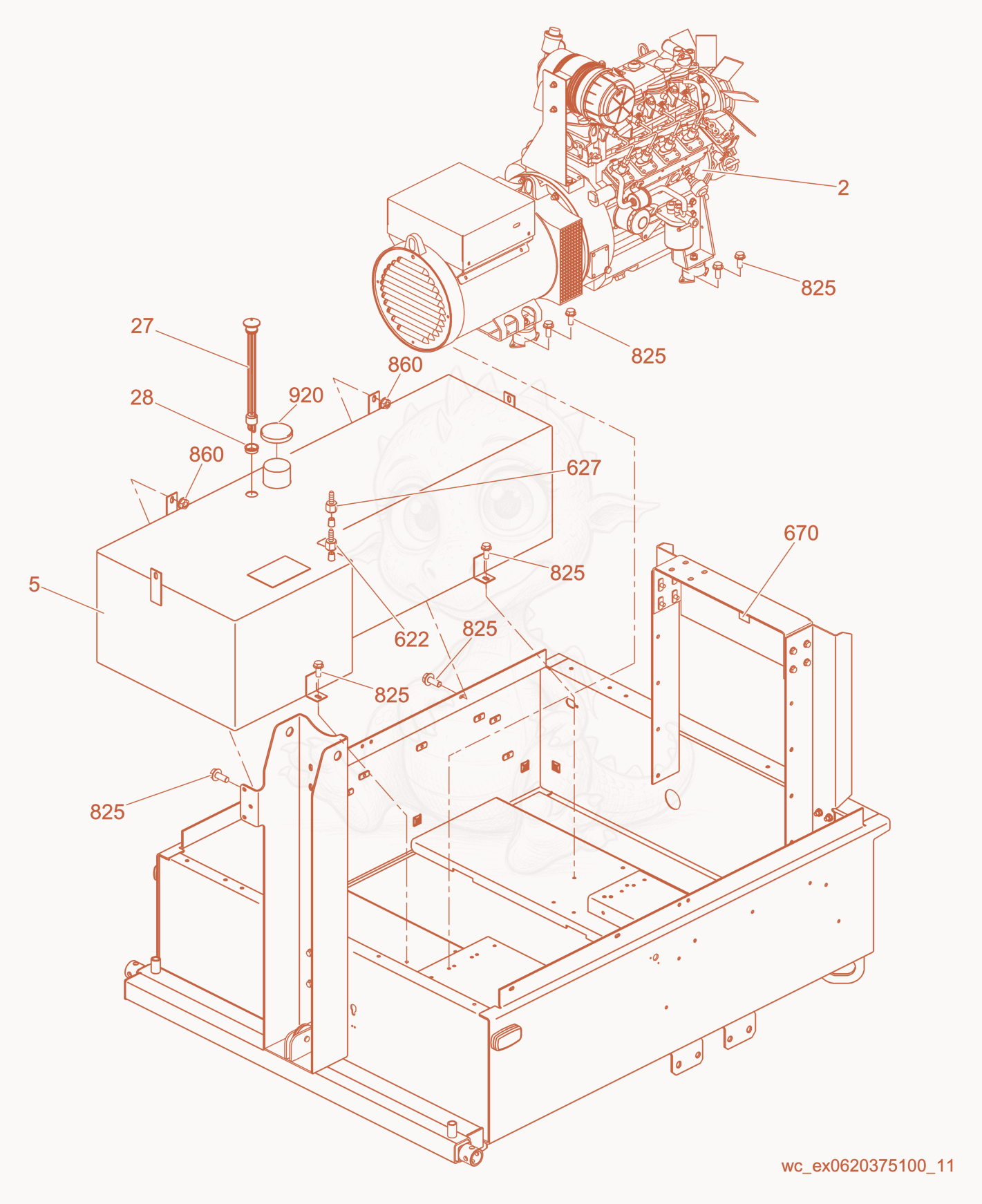 Exploded parts diagram of the Fuel Tank/Engine of a Wacker Neuson LTW20Z1, with numbered balloons