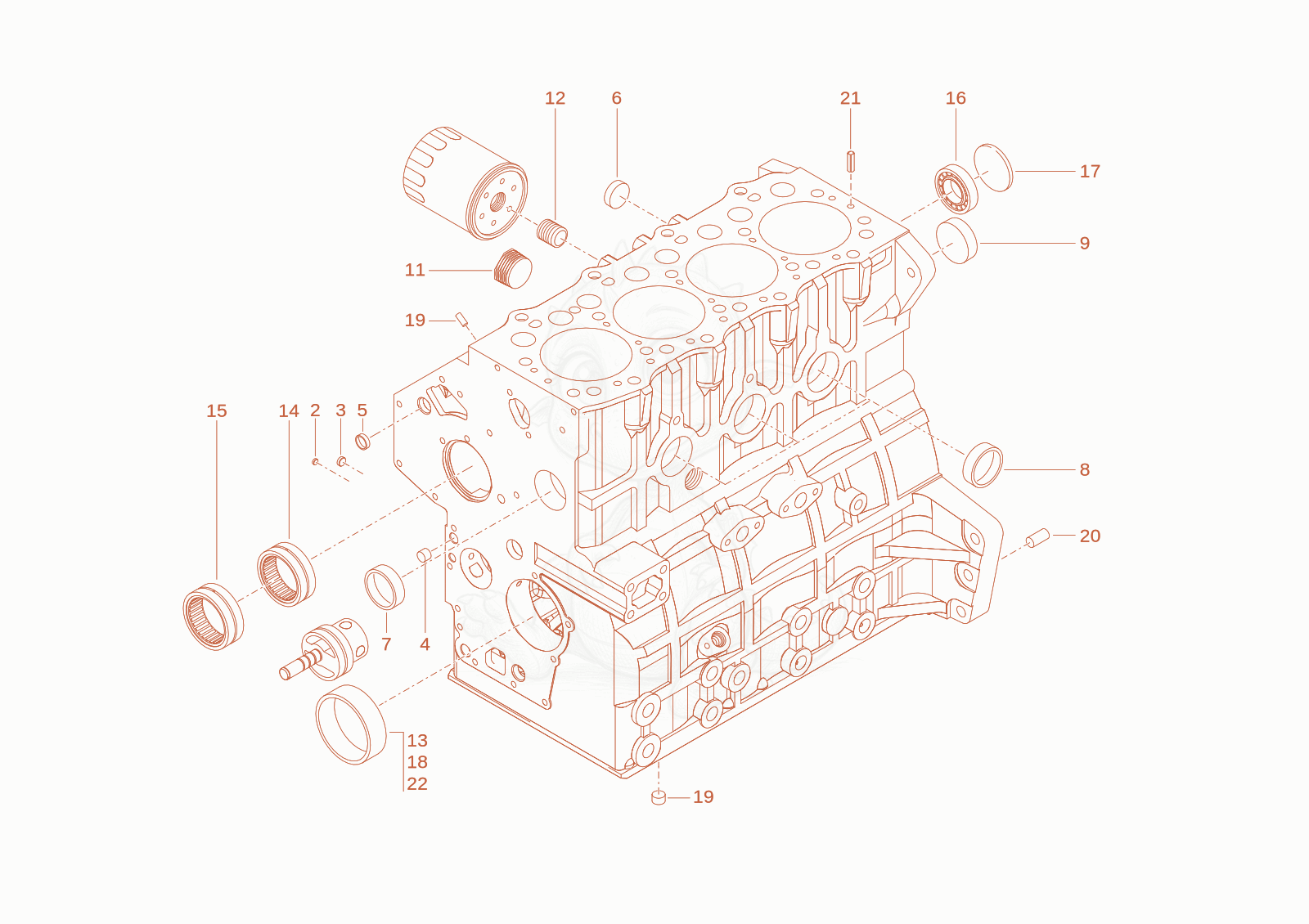 Despiece del cylinder block de una máquina Wacker Neuson TH522STAGEV, con globos numerados